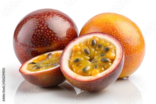 Fresh Passion Fruit Whole and Halved on a White Background