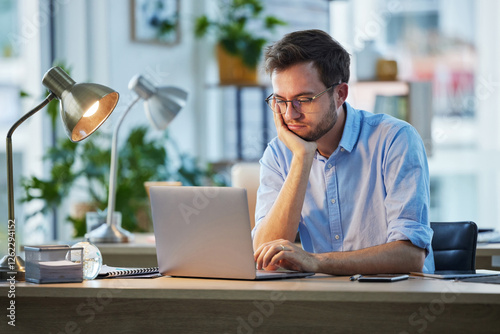 Fatigue, business and man with laptop, burnout and overworked with deadline, bored and sleepy. Person, consultant and employee with pc, exhausted and waiting for email notification and tired