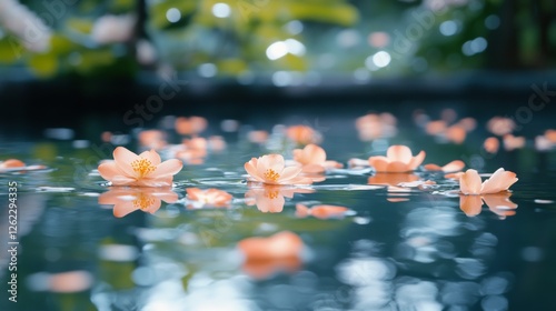 Tranquil water scene with white flowers floating amidst lush greenery at a se...