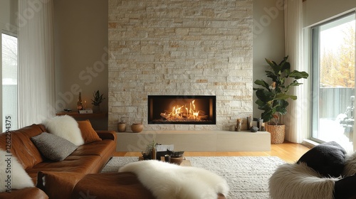 Modern living room with a unique fireplace and cozy furnishings in a scenic m...