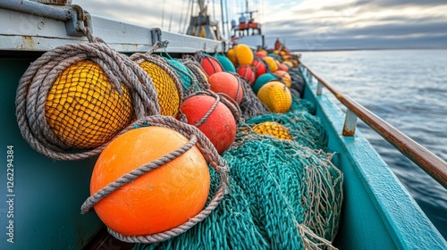 Colorful buoys on a fishing boat against a vibrant ocean backdrop during dayl...