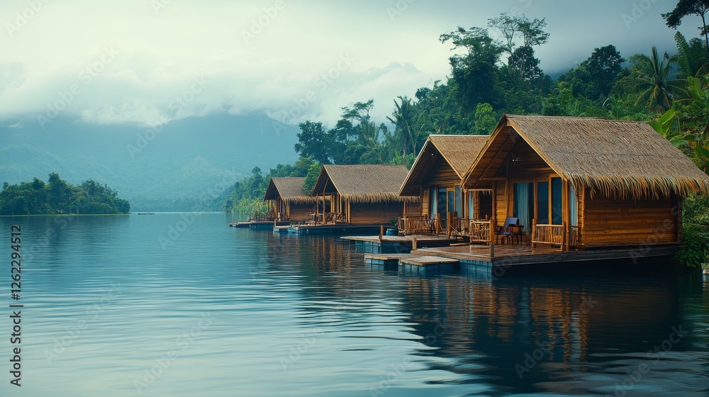 Fototapeta premium Tranquil wooden cabins on a serene lake surrounded by lush greenery