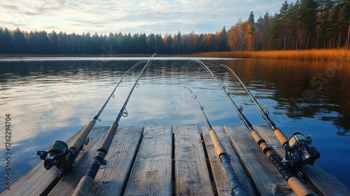 Calm fishing pier on serene lake surrounded by nature in early morning light