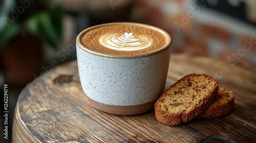 Warm beverage and baked treat served on a wooden board in a cozy cafe setting