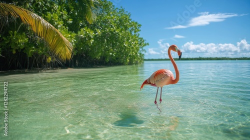 Flamingo wading through calm waters in lush tropical surroundings at golden hour