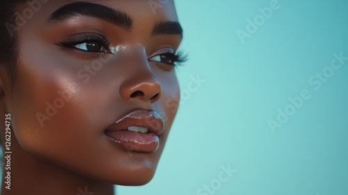 Captivating portrait showcasing radiant skin and striking features under vibr...