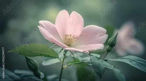 Soft pink flower blooming in a serene environment with green foliage and budd...
