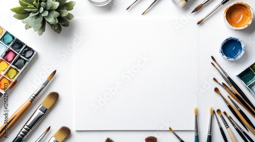 Creative workspace with art supplies and greenery on a clean surface