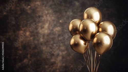 Festive golden balloons floating against a dark background create an elegant ...
