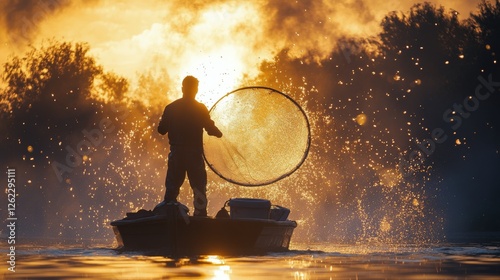 Fisherman casting net on tranquil water during golden sunset in serene landscape