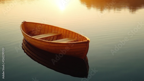 Sunset reflections on a serene lake with a wooden boat drifting peacefully