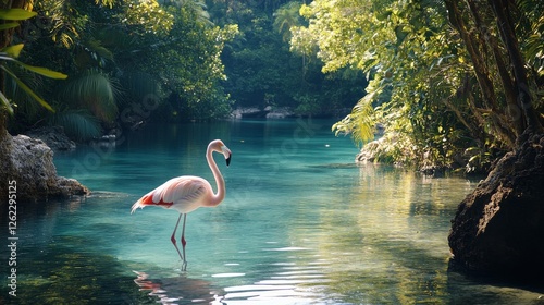Flamingo wading through calm waters in lush tropical surroundings at golden hour