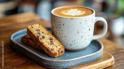 Warm beverage and baked treat served on a wooden board in a cozy cafe setting