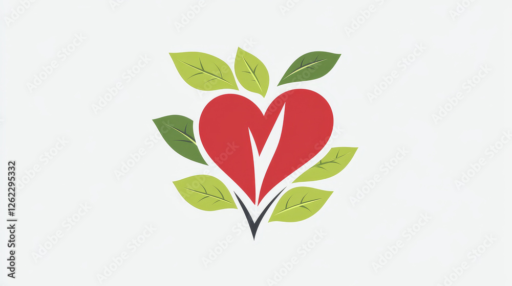 Heart health icon with green leaf. Heart surgery clinic, cardiology center or cardiologist doctor practice, medical program vector emblem, label or icon with red heart silhouette and leaves Heart health icon with green leaf. Heart surgery clinic, cardiology center or cardiologist doctor practice, medical program vector emblem, label or icon with red heart silhouette and leaves