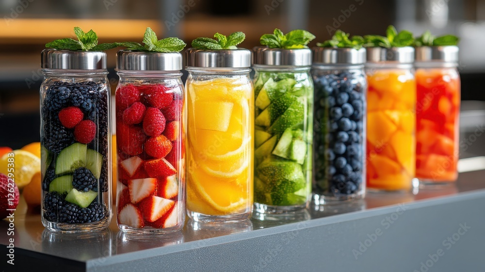 Vibrant and Refreshing Drinks Displayed in Elegant Glass Jars with Fresh Fruit and Mint Garnish for an Upscale Venue or Event Vibrant and Refreshing Drinks Displayed in Elegant Glass Jars with Fresh Fruit and Mint Garnish for an Upscale Venue or Event