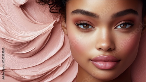 Soft pink powder surrounded by delicate cherry blossom petals on a light back...
