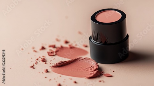 Creamy blush compact with swatches on a neutral background