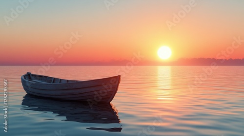 Sunset reflections on a serene lake with a wooden boat drifting peacefully