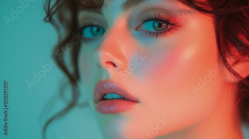 Captivating portrait showcasing radiant skin and striking features under vibr...
