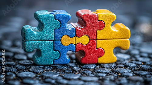 Colorful puzzle pieces connect together on a textured surface creating a playful visual representation of unity and problem-solving. Generative AI