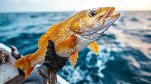 Smiling man holding a large orange fish while enjoying a sunny day at sea