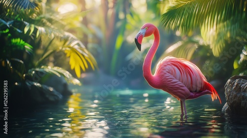 Flamingo wading through calm waters in lush tropical surroundings at golden hour