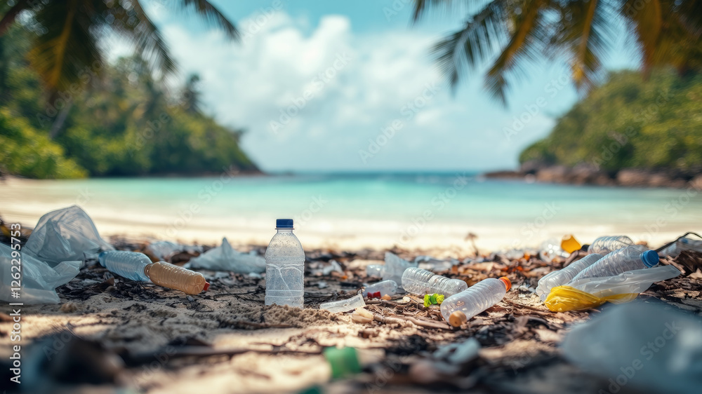 Plastic Waste Scattered on a Tropical Beach With Clear Waters and Palm Trees in the Background Highlighting Environmental Issues