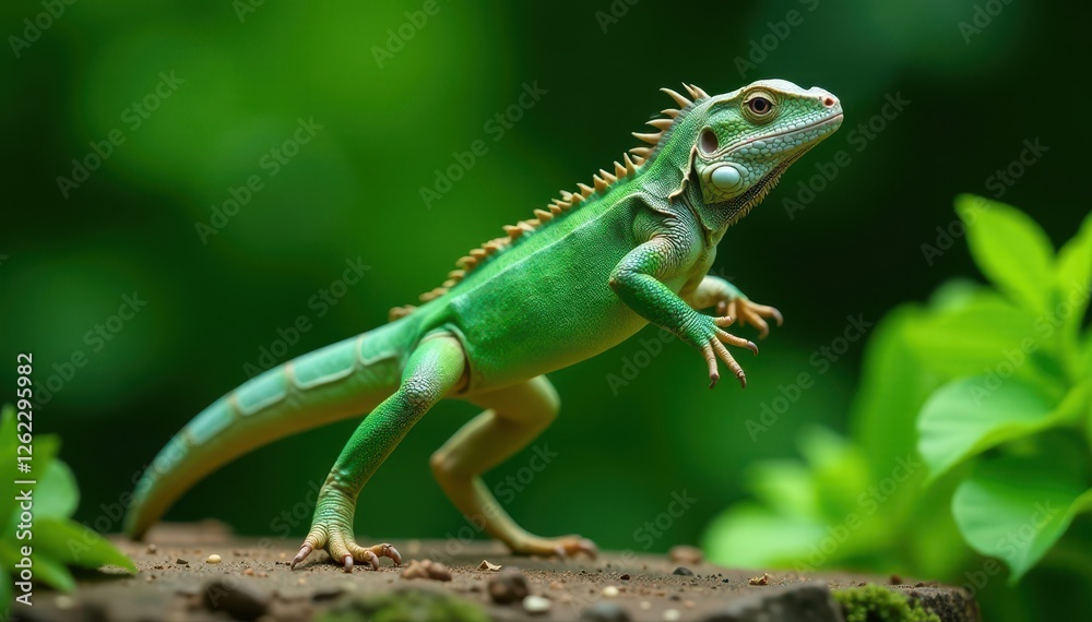 Emerald iguana leaps, legs extended, mid-air against vibrant green foliage, forest, flight Emerald iguana leaps, legs extended, mid-air against vibrant green foliage, forest, flight
