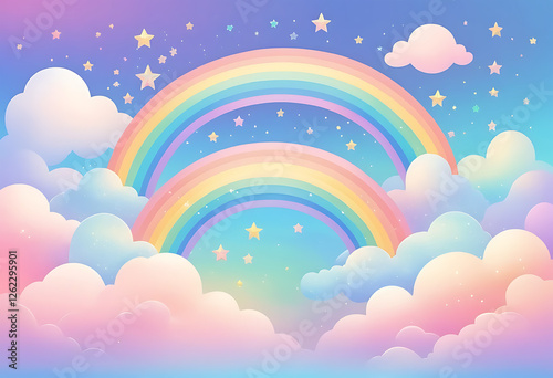 Holographic fantasy rainbow unicorn background with clouds. Pastel color sky. Magical landscape, abstract fabulous pattern. Cute candy wallpaper