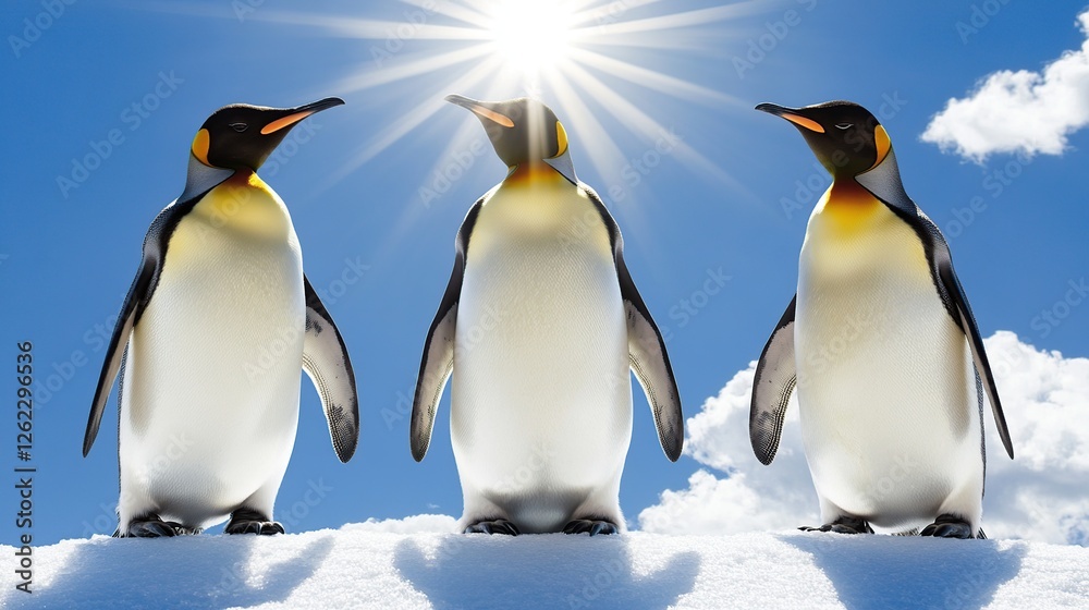 Obraz premium Antarctic penguins sunbathing, snowy landscape, bright sun