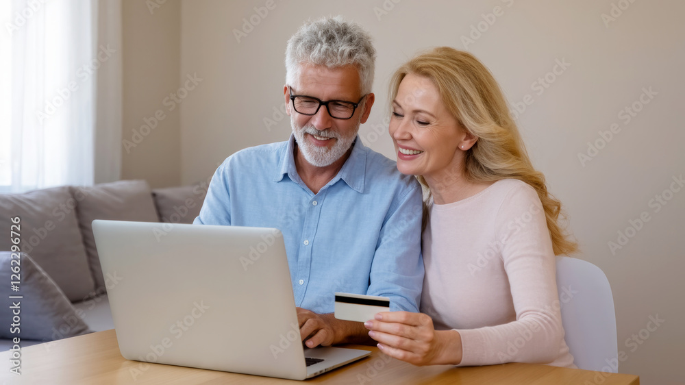Couple Engaging in Online Shopping at Home Using a Credit Card During the Afternoon Couple Engaging in Online Shopping at Home Using a Credit Card During the Afternoon