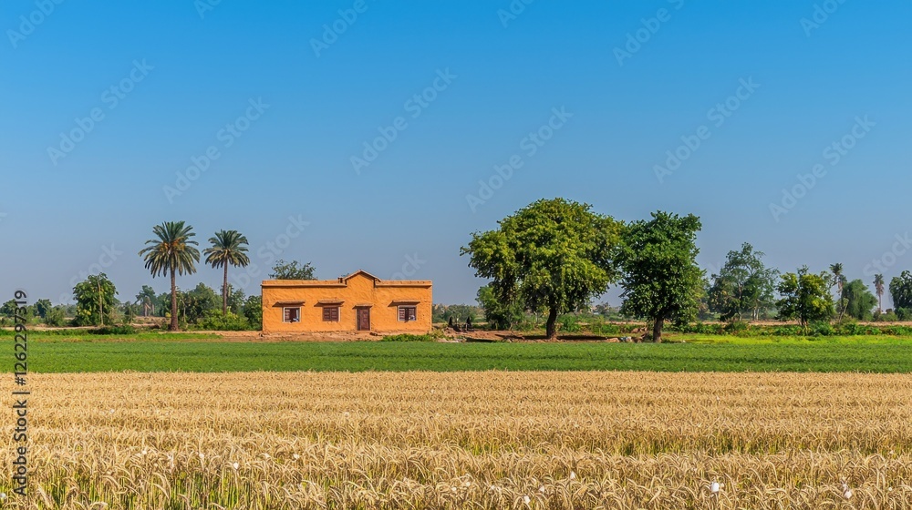 Rural home in golden wheat field under a clear sky Rural home in golden wheat field under a clear sky