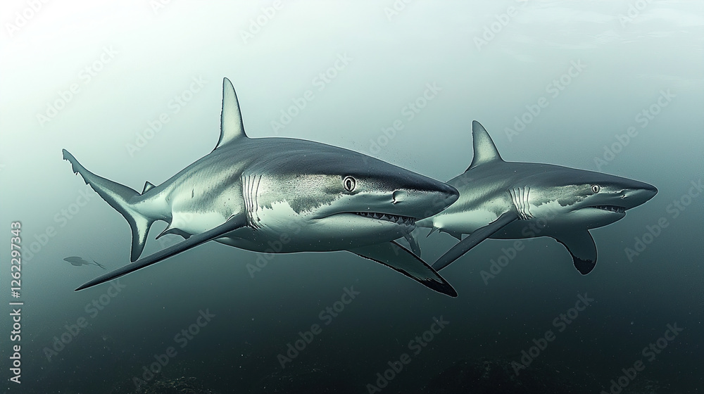 Fototapeta premium Two sharks swimming gracefully underwater in a serene ocean environment during daylight hours. Generative AI