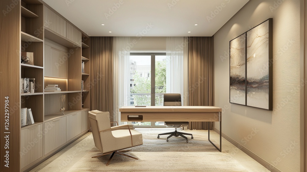 Fototapeta premium Modern Minimalist Home Office Design: Elegant Workspace with Built-in Shelving and Neutral Tones.