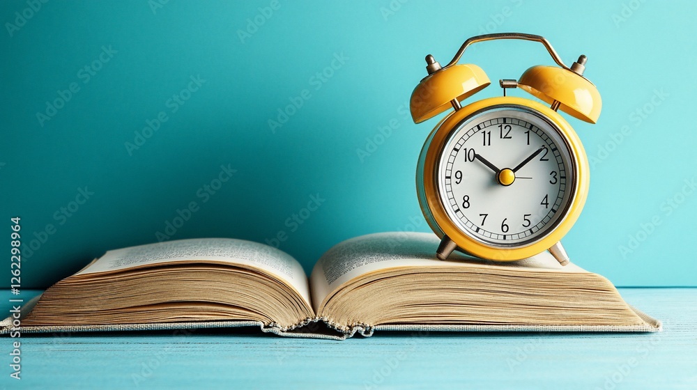 Time for Reading: Yellow Alarm Clock on Open Book Time for Reading: Yellow Alarm Clock on Open Book