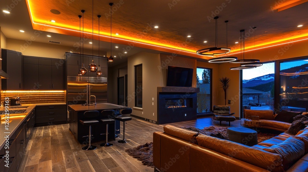 Fototapeta premium Luxury Mountain Home Interior Design: Open-Concept Kitchen and Living Room with Stunning View