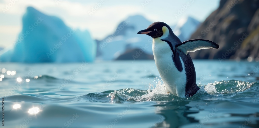 Fototapeta premium Tiny Ad?lie penguin launches into sea, feathers airborne , black and white, splash