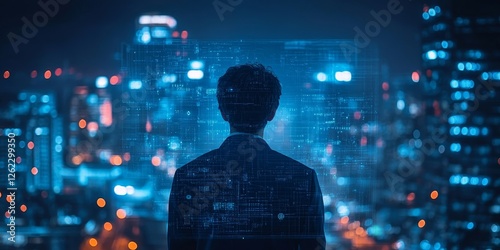 Professional In Blue Exploring Cyber Insurance Digital Interface for Protecting Against Online Risks and Security Breaches, Generative AI