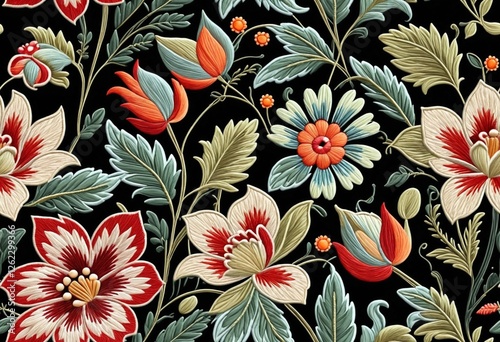 Fantasy flowers in retro, vintage, jacobean embroidery style. Seamless pattern, background - Seamless tile