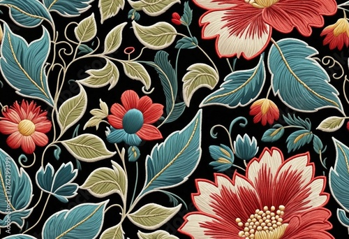Fantasy flowers in retro, vintage, jacobean embroidery style. Seamless pattern, background - Seamless tile
