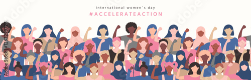 Accelerate action seamless banner. Diverse multicultural girls with hands raised up with closed fists. International Women's day border. Modern flat IWD 2025 template. AccelerateAction biceps up.