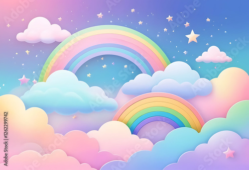 Holographic fantasy rainbow unicorn background with clouds. Pastel color sky. Magical landscape, abstract fabulous pattern. Cute candy wallpaper