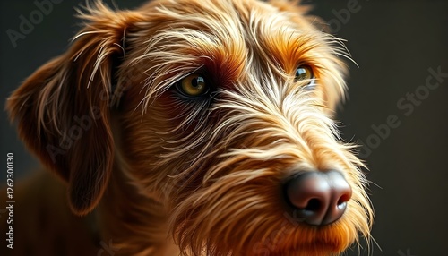 Close up of Wirehaired Vizsla with wiry golden coat and attentive demeanor in soft light