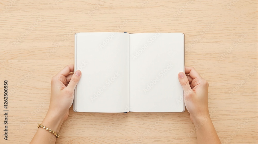 A person is holding a book open to a blank page A person is holding a book open to a blank page