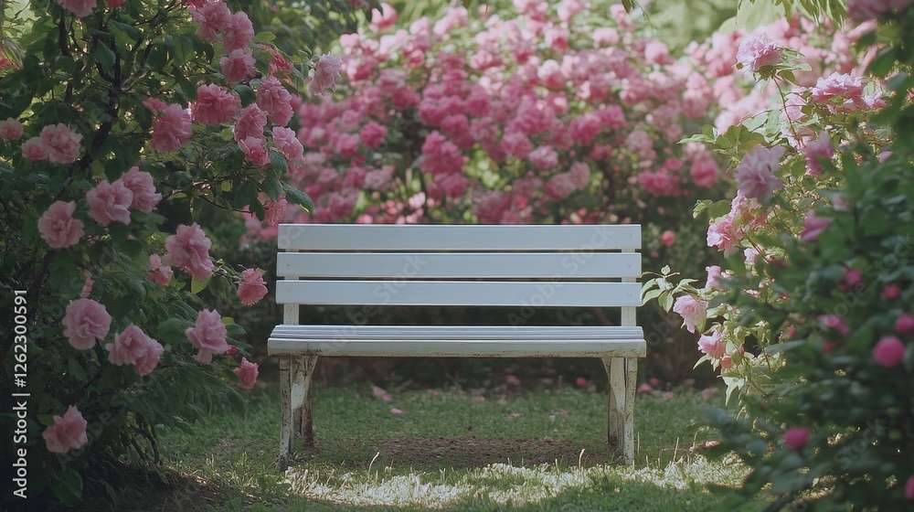 A white bench sits in a garden with pink flowers in the background. The bench is empty and surrounded by greenery A white bench sits in a garden with pink flowers in the background. The bench is empty and surrounded by greenery