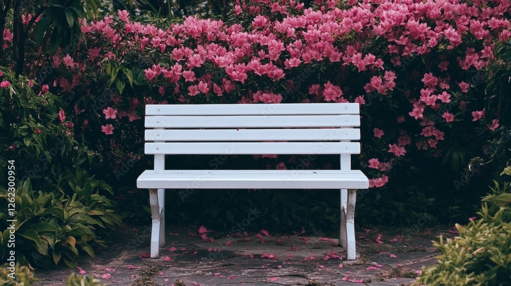 A white bench sits in a garden with pink flowers in the background. The bench is empty and surrounded by greenery A white bench sits in a garden with pink flowers in the background. The bench is empty and surrounded by greenery