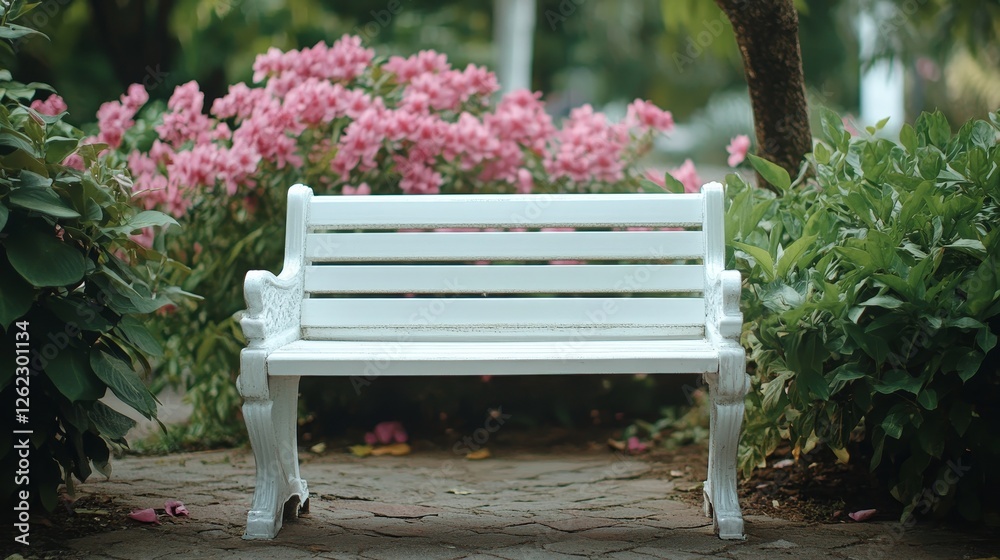 A white bench sits in a garden with pink flowers in the background. The bench is empty and surrounded by greenery A white bench sits in a garden with pink flowers in the background. The bench is empty and surrounded by greenery