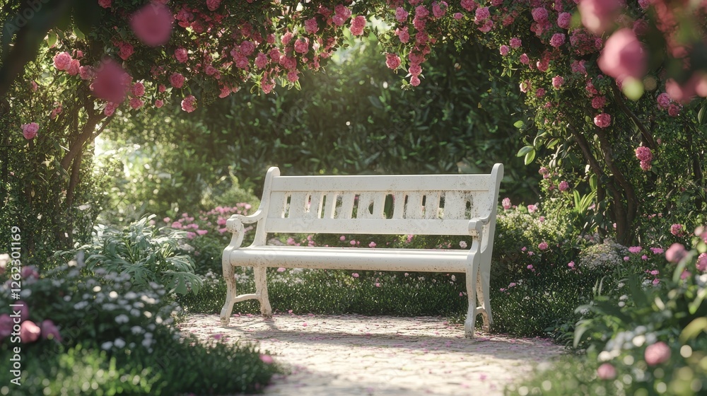 A white bench sits in a garden with pink flowers in the background. The bench is empty and surrounded by greenery A white bench sits in a garden with pink flowers in the background. The bench is empty and surrounded by greenery