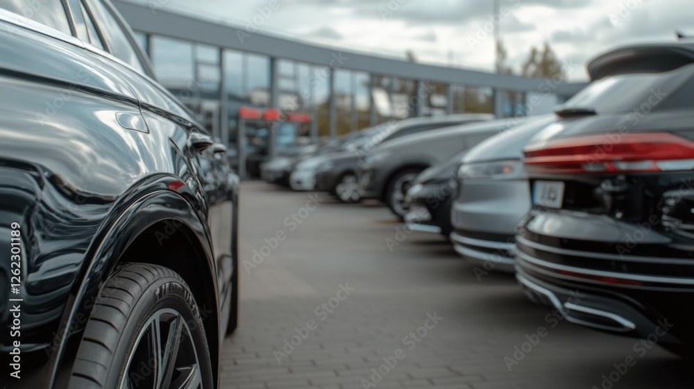Black car parked at dealership, other cars in background Black car parked at dealership, other cars in background
