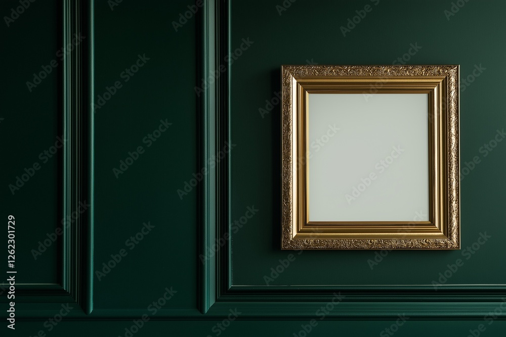 Fototapeta premium blank mockup of retro luxury poster in gold foil frame hanging on dark green wall